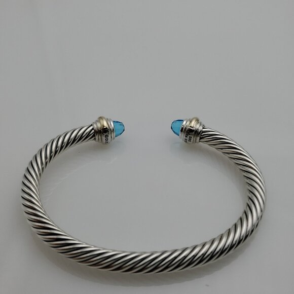 David Yurman Sterling Silver Bracelet with 14K Yellow Gold and Blue Topaz, 5mm - Picture 3 of 5